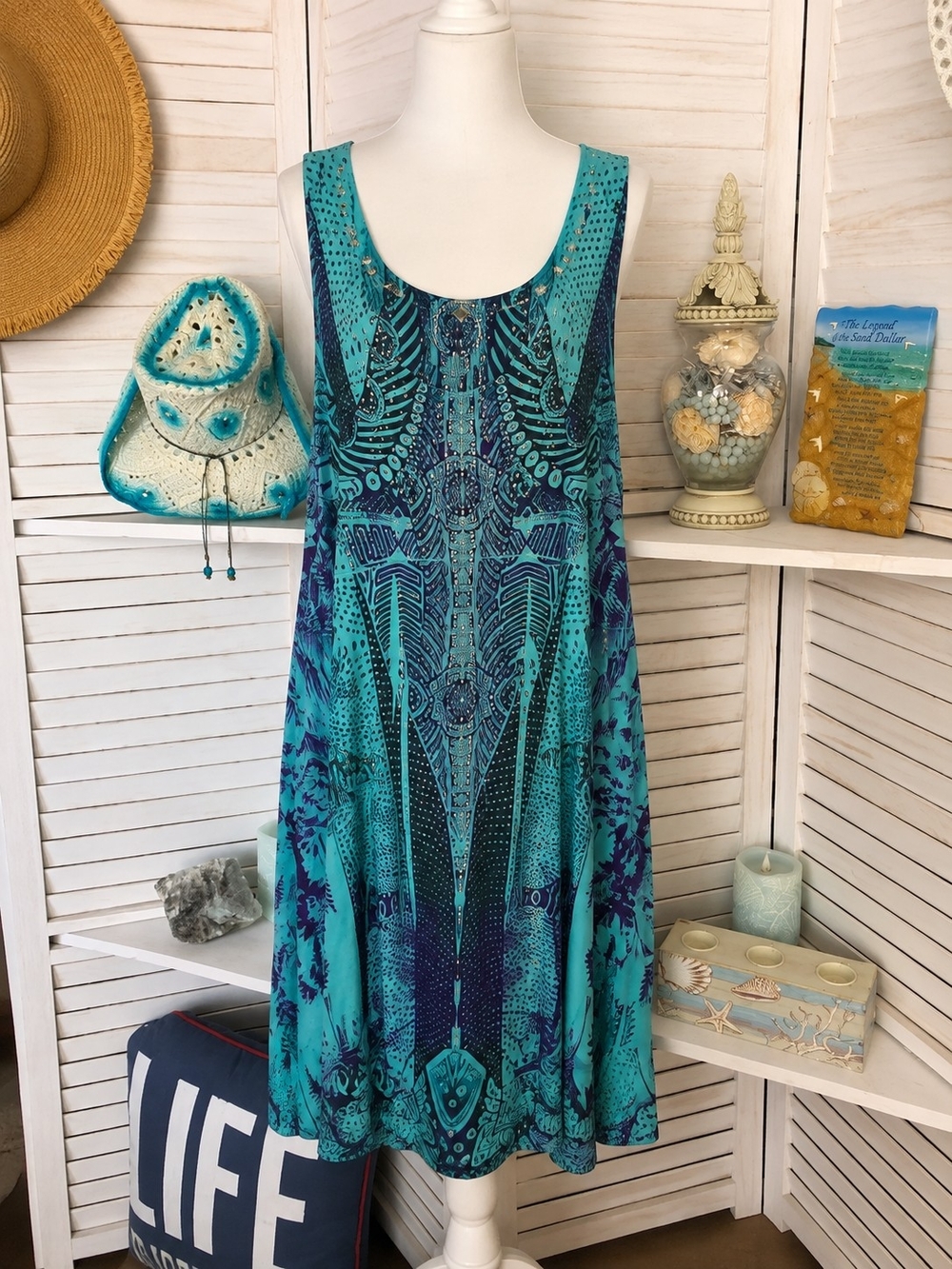 Boho Printed Midi Dress in Teal and Navy SZ L | World Unity